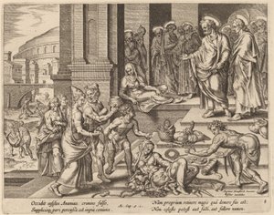De Dood van Ananias en Saffira door Philip Galle after Maerten van Heemskerck