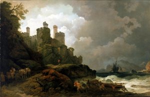 Een vissersboot aan land getrokken, nabij Conwy Castle (Wales). Olie op doek, rond 1800, door Philippe-Jacques de Loutherbourg door Philip James de (1740 1812) Loutherbourg