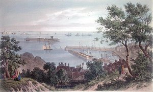 Het Koninklijk Eskader voor Anker, 2 september 1846, van het Bezoek van Koningin Victoria in Jersey, gegraveerd door H. Walter