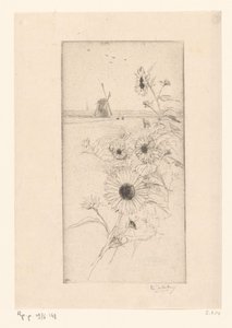 Zonnebloemen voor een weidelandschap met paarden en molen