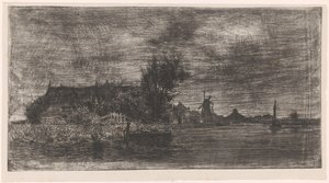Landschap met huizen en molen aan het water