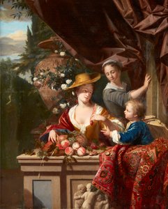 Elegante figuren op een terras met een schaal met diverse fruit door Philip van Dyck