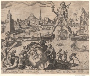 De Kolossus van Rhodos uit de serie De Acht Wereldwonderen Na Maarten van Heemskerck, 1572 door Philipp Galle