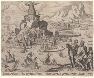De vuurtoren van Alexandrië uit de serie De Acht Wereldwonderen Na Maarten van Heemskerck, 1572 door Philipp Galle