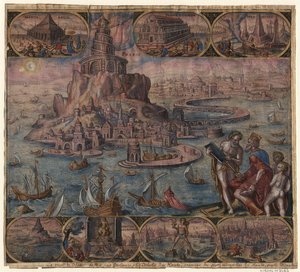 De Vuurtoren van Alexandrië uit de serie De Achtste Wereldwonderen Na Maarten van Heemskerck, 1572 door Philipp Galle