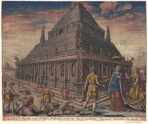 Het Mausoleum van Halicarnassus uit de serie De Acht Wereldwonderen na Maarten van Heemskerck, 1572 door Philipp Galle