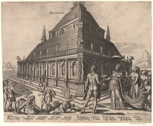 Het Mausoleum van Halicarnassus uit de serie De Acht Wereldwonderen Na Maarten van Heemskerck, 1572 door Philipp Galle