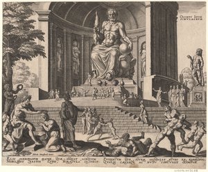 Het standbeeld van Jupiter in Olympia uit de serie De Achtste Wereldwonderen Na Maarten van Heemskerck, 1572 door Philipp Galle