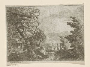 Stormachtig landschap met bomen naast een brug over een rivier door Philipp Hieronymus Brinckmann