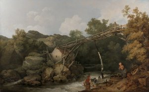Een uitzicht nabij Matlock, Derbyshire met figuren die werken onder een houten transportband