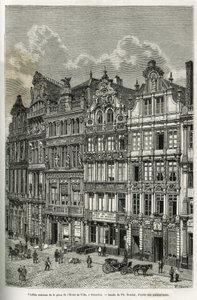 Oude huizen op het stadhuisplein in Brussel. Gravure door Ph. Benoist, ter illustratie van het verhaal van België door Camille Lemonnier, gepubliceerd in de tour du monde, onder leiding van Edouard Charton (1807-1890), Parijs