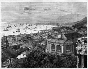 Uitzicht op de baai van Hong Kong. Gravure naar een tekening van Benoist, in 