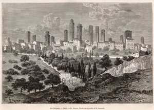 Uitzicht op San Gimignano (Toscane, Italië). Gravure naar de tekening van Ph. Benoist, ter illustratie van de reis naar Toscane en Umbrië, door Francis Wey, in 1875, gepubliceerd in 