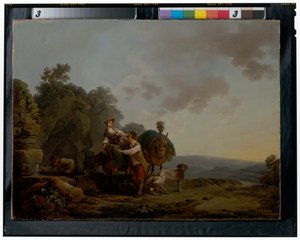 Reizigers met honden en zwaar beladen muilezels bij een put door Philippe Jacques de Loutherbourg