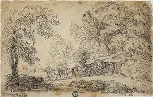 Boomstammen slepen in een bos (recto); Schetsen van mensen in verschillende activiteiten (verso) door Philippe Jacques de Loutherbourg II