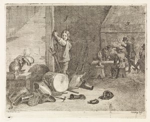 Interieur met jongen bij een trom en wapenrusting door Philippe Lambert Joseph Spruyt