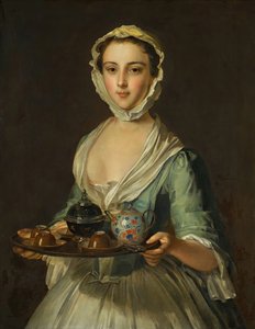 Een jonge vrouw met een theeblad mogelijk Hannah, de dienstmeid van de kunstenaar