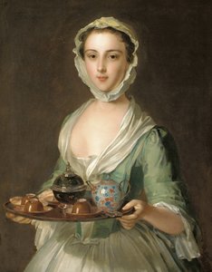 Portret van een jonge vrouw, mogelijk Hannah, de dienstmeid van de kunstenaar, met een theeblad