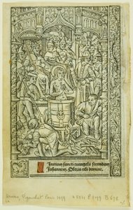 Het Martelaarschap van Sint Johannes de Evangelist (recto), en December Kalender (verso), uit Getijdenboek door Philippe Pigouchet