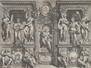 Allegorische stelling met verschillende figuren, geplaatst in een architectonische structuur