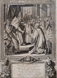 Bord van de Statuten van de Orde van Malta "Statuta Hospitalis Hervsalem" (verzachting van een ridder door een paus), door Philippe Thomassin, eind 16e eeuw door Philippe Thomassin