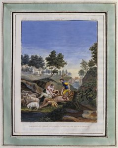 Daphnis en Chloe bevrijden Dorcon van hun honden. Tekening van Philippe d