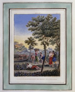 Daphnis en Chloe delen de werkzaamheden van de wijnoogst. Tekening van Philippe d