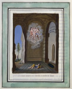 De nimfen beloven Daphnis de terugkeer van Chloe. Tekening van Philippe d