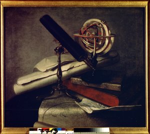 Astronomische instrumenten (Stilleven met telescoop, hemelglobe en sterrenkaart)