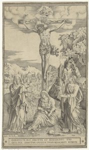 Christus aan het kruis geflankeerd door Maria en Johannes
