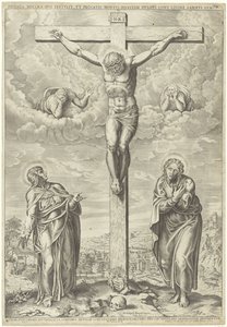 Christus aan het kruis geflankeerd door Maria en Johannes in een landschap