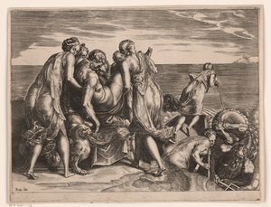 De Phaiaken dragen de slapende Odysseus naar Ithaka door Philips Galle (attributed to)