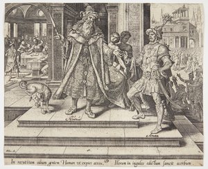 Ahasverus geeft opdracht om het Joodse volk te vernietigen door Philips Galle