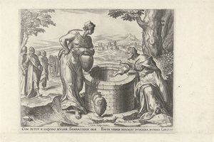 Christus en de Samaritaanse vrouw bij de bron door Philips Galle