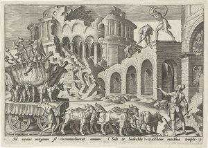 De Chaldeeën plunderen de tempel van Jeruzalem De onheilsdagen van het Joodse volk (serietitel) door Philips Galle