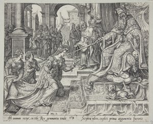Esther voor Ahasveros, hem uitnodigend voor een banket