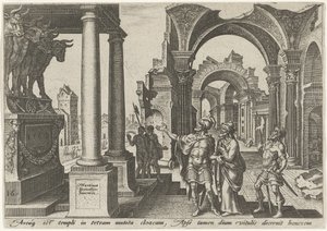 Jehu aanbidt het afgodsbeeld van de gouden kalveren door Philips Galle