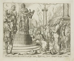 Judith toont het hoofd van Holofernes aan de mensen van Bethulia, plaat zeven uit Het verhaal van Judith en Holofernes