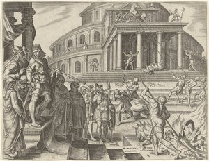 Koning Josia laat de paarden en wagens ter ere van de zon verwijderen door Philips Galle