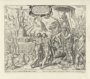 Nebukadnessar beschuldigt Sadrach, Mesach en Abednego (Geschiedenis van Sadrach, Mesach en Abednego) door Philips Galle