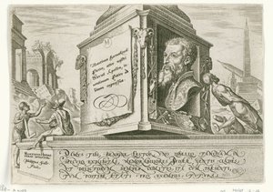 Portret van Maarten van Heemskerck op de sokkel van een zuil door Philips Galle