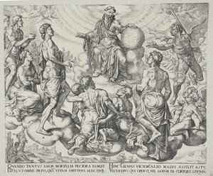 Satan daagt de Heer uit om zijn bescherming van Job weg te nemen door Philips Galle
