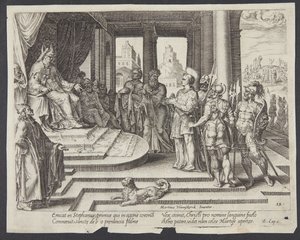 St. Stefanus voor de hogepriester en de raad door Philips Galle