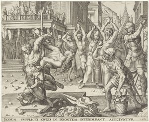 Steniging van de ouderlingen Verhaal van Susanna (series title) door Philips Galle