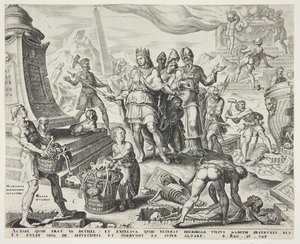 De vernietiging van het altaar in Bethel en de opgraving van de beenderen uit de graven door Philips Galle
