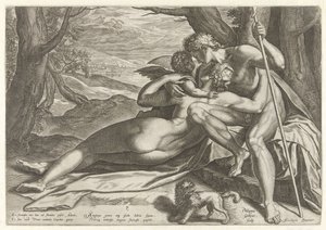 Venus en Adonis met Amor door Philips Galle