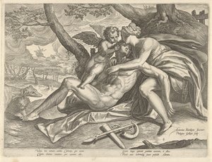 Venus treurt over de dood van Adonis door Philips Galle