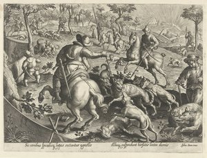 Wolvenjacht met speren door Philips Galle