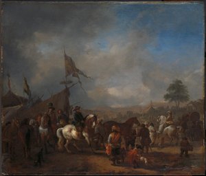 Een paardenmarkt bij een legerkamp door Philips Wouwerman