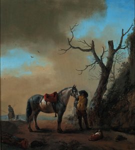 Landschap met een wit paard en afgestegen ruiter, ca. 1647